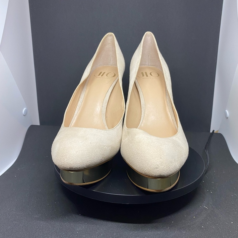 JLO by Jennifer Lopez Sela Chic Cream Platform Heels with Gold Accent size 10